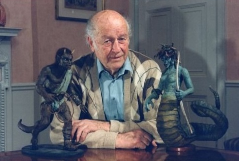 Mr. Harryhausen with his creations brought down to size.