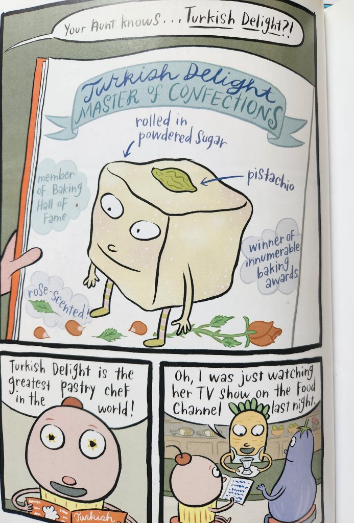 Cupcake is looking at a picture of Turkish Delight. Cupcake says, "Turkish Delight is the greatest pastry chef in the world. A parsnip or carrot behind the counter Cupcake and Eggplant are sitting at says, "Oh, I was just watching her tv show on the Food Channel last night."