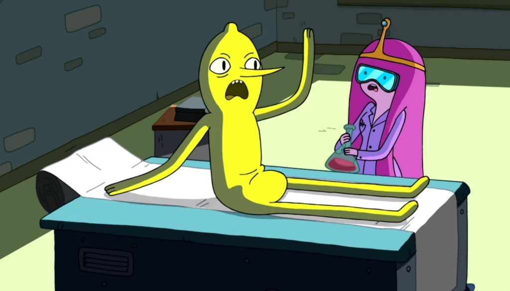 Lemongrab rises from the slab he was created on, likely already shrieking, as Princess Bubblegum looks aghast