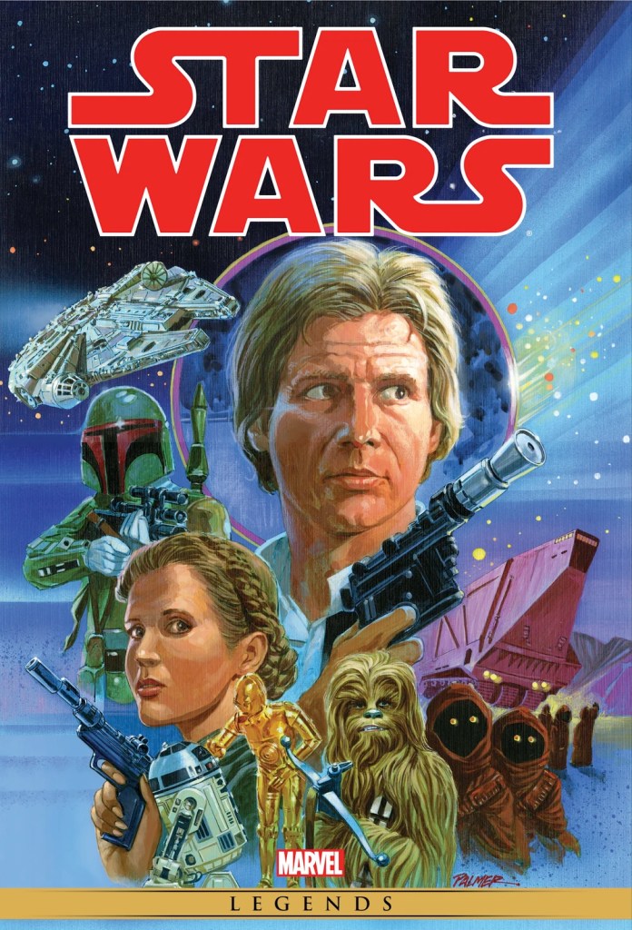 It's the cover for Volume 3. Han, Leia, Boba Fett, Chewbacca, Artoo and C3P0 are all prominent as is the Millennium Falcon, a mysterious moon, and Jawas.